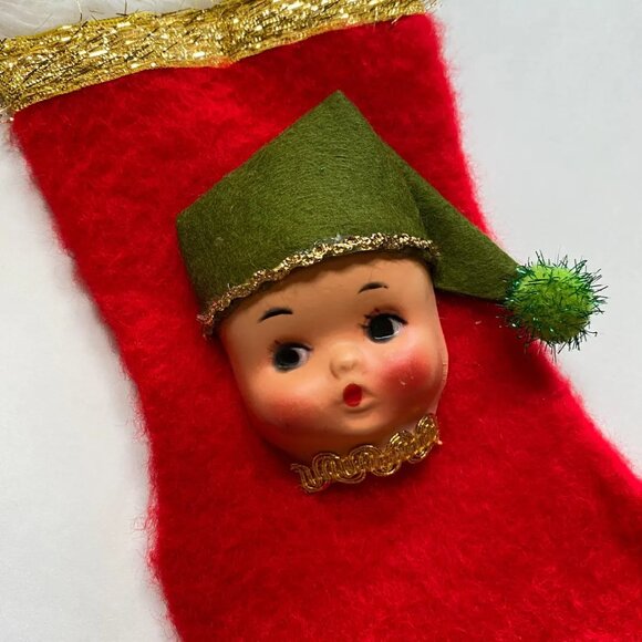 Mini Christmas Stocking with Dolly Face Holiday Decor Xmas Vintage Handmade - Picture 3 of 5